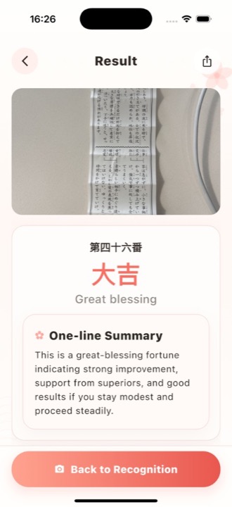 Result — slip photo, level, and one-line summary.